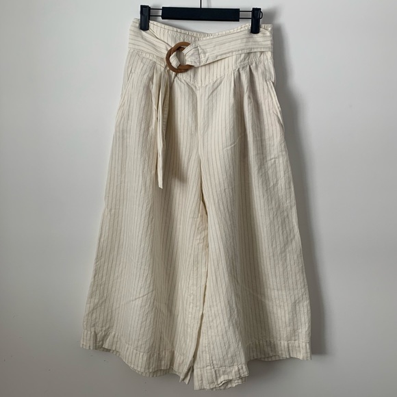 Anthropologie Palm Beach Linen Blend Wide Leg Crop Cream Pinstripe Belted Pant - Picture 3 of 16